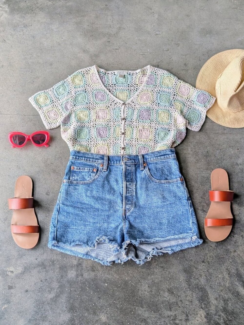 Vintage Boho Coastal Grandma Pastel Granny Square Crochet Knit Top large